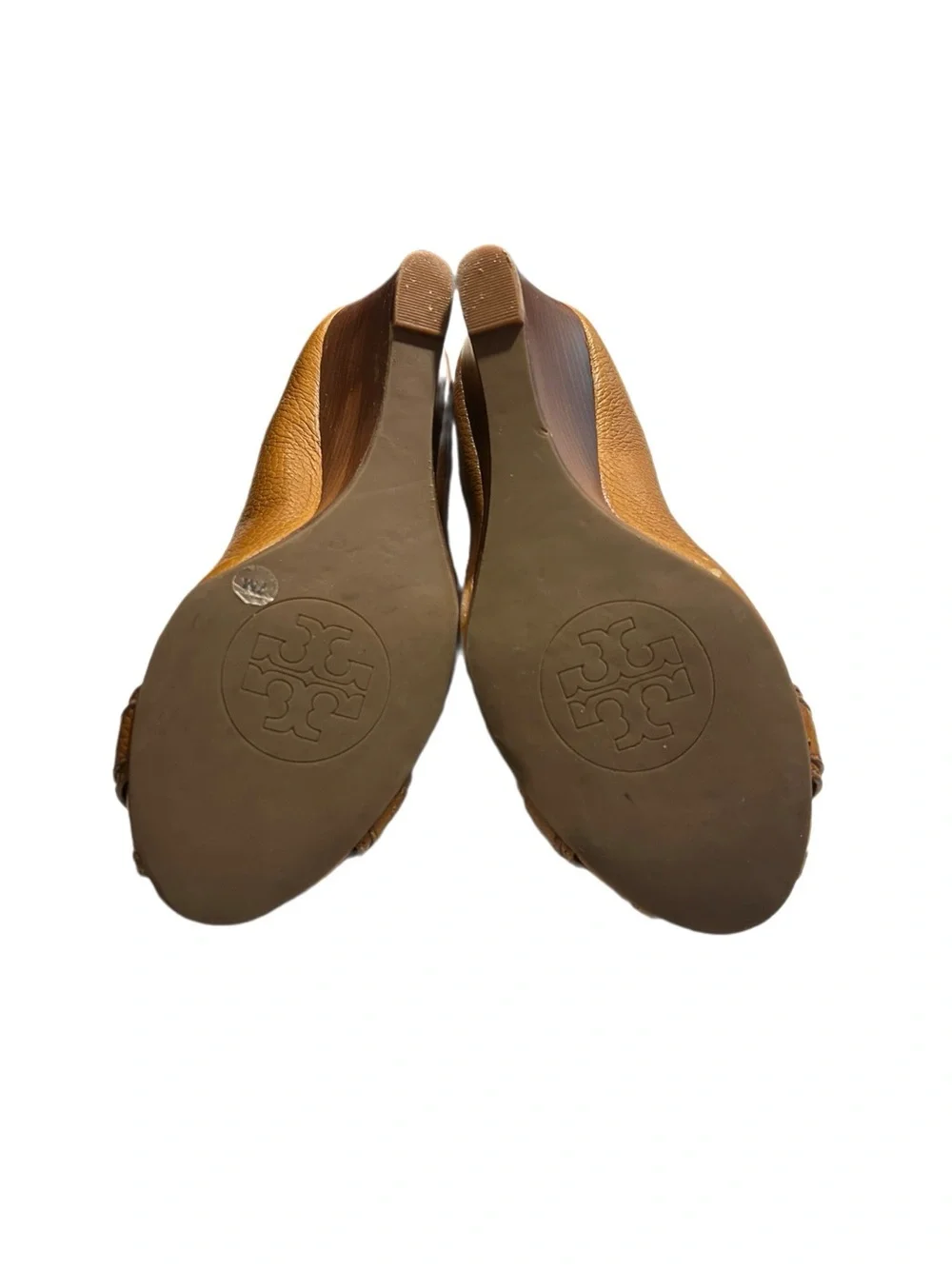 Tory Burch Ambrose Peep Toe Wedge Pumps Tan Pebbled Leather Gold Logo 7